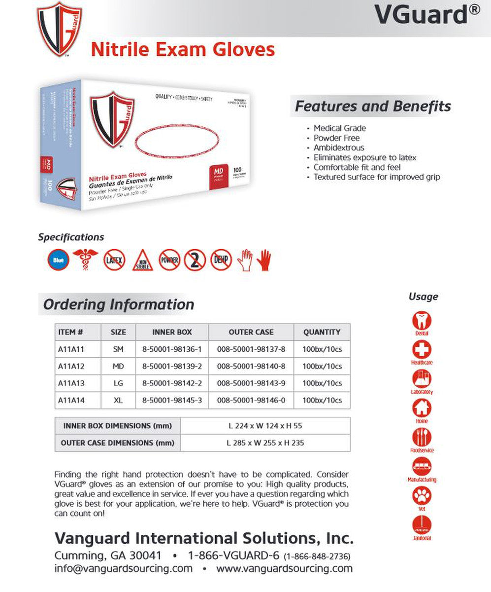 Nitrile Gloves, 3.5 Mil, Blue, Powder-Free, {Exam Approved} 100 / box, 10 boxes /case